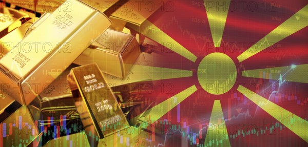 Gold bars stacked on Macedonian flag. North Macedonia gold reserves, Concept