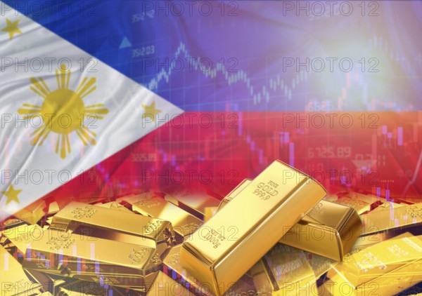Gold bars on Philippines flag in background. Gold bars stacked on Filipino flag. Concept of