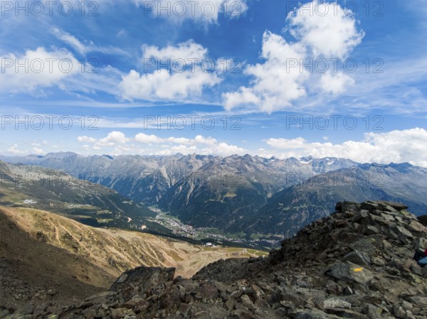 Scenic view from Gaislachkogel over the Ötztal Alps and down into the Ötztal near Sölden, Tyrol,
