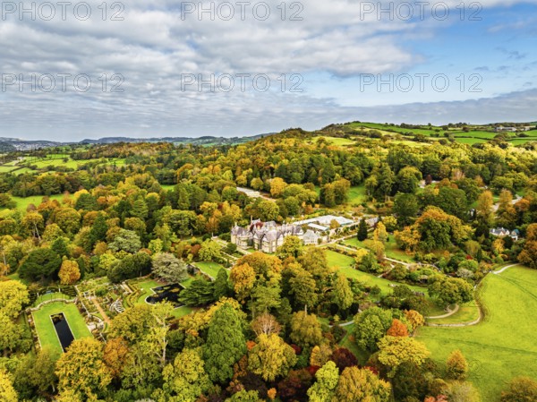Autumn colours over Bodnant House and Garden from a drone, Conwy River, Colwyn Bay, Conwy, Wales,