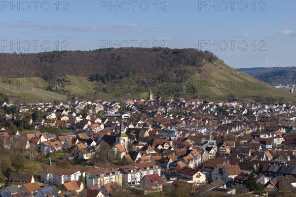 City view with hills in the background, lots of red house roofs and green surroundings under blue