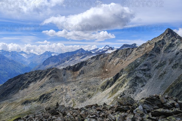 Scenic view from Gaislachkogel over the Ötztal Alps and down into the Ötztal near Sölden, Tyrol,