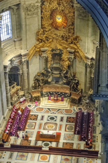 View from the dome of St. Peter's Basilica at Christian mass with meeting of ecclesiastical