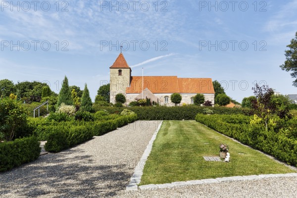 Vebbestrup Kirke, rural church, Romanesque village church, red tile roof, stone tower, cemetery,