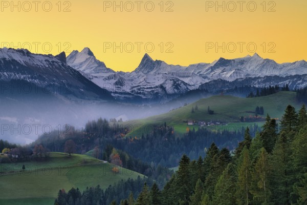 View of snow-covered Bernese Alps with Schreckhorn and Finsteraarhorn at dawn, Langnau im Emmental,