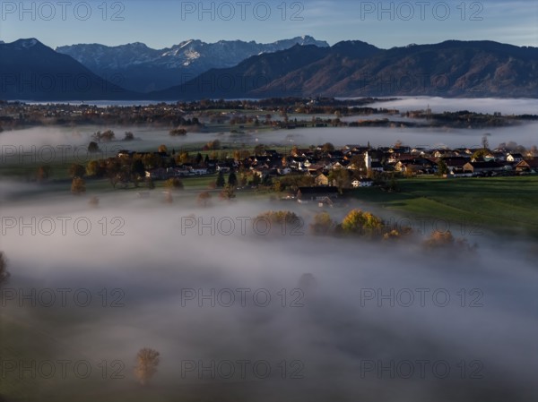 Village, mountains, sunny, morning light, autumn color, fog, aerial view, Hofheim, view of