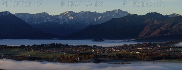 City, church, mountains, sunny, morning light, autumn, autumn color, fog, aerial view, panorama,