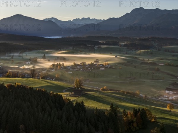Village, mountains, sunny, morning light, autumn, autumn color, fog, aerial view, back light,