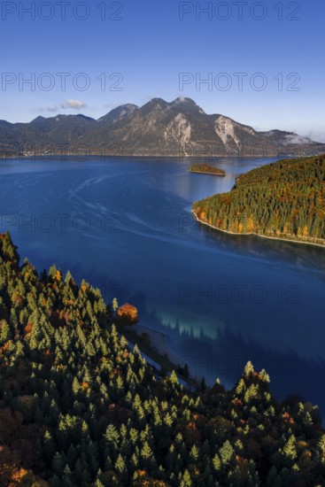Mountain lake, mountains, sunny, morning light, autumn, autumn color, forest, aerial view,