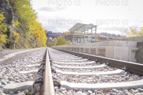 Railway system in autumn with a view of the platform and the surrounding area, ZOB Calw, Hermann
