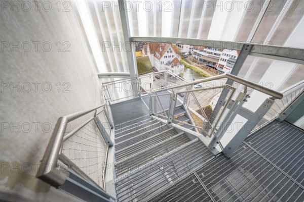 Industrial-style staircase with views of houses and roads, ZOB Calw, Hermann Hessebahn, Calw,