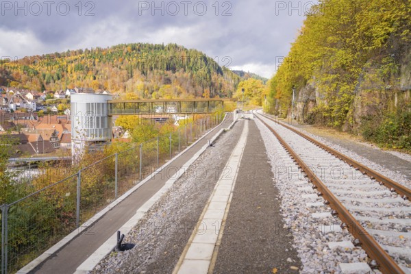 Railway tracks in autumn landscape with views of wooded hills and a city, ZOB Calw, Hermann