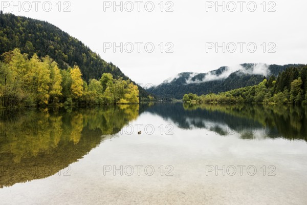 Picturesque mountain lake in autumn, Lac de Longemer, Xonrupt-Longemer, Vosges, Alsace-Lorraine,