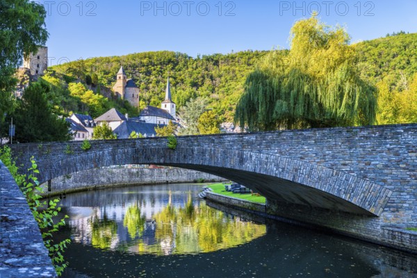 Castle and old bridge, Esch-Sur-Sure, old historical city, hilly mountains of the Ardennes, Kanton