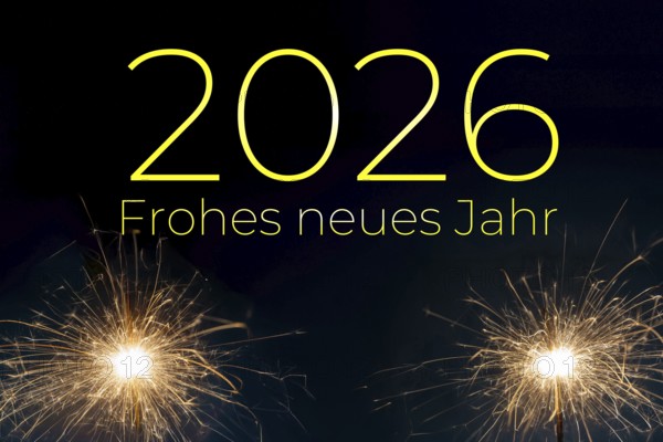 New Year's Eve greetings 2026: greeting card with sparklers against a dark blue background and the