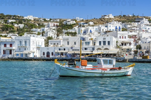Mykonos, Cyclades, Greece - fishing boats are moored in the old port of Mykonos Town, Mykonos Chora