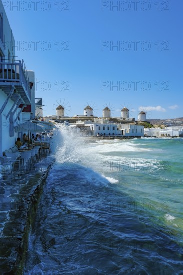 Mykonos, Cyclades, Greece - The six sixteenth-century windmills, lined up on a hill above Mykonos