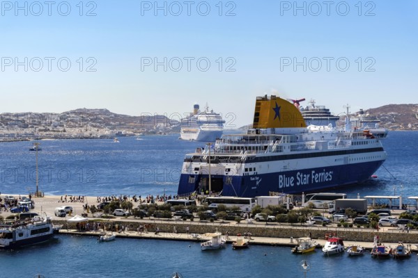 Mykonos, Cyclades, Greece - Mykonos New Port, a Blue Star Ferries ferry, is located on the quay in
