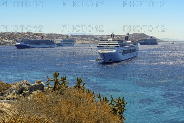 Mykonos, Cyclades, Greece - cruise ships CARNIVAL MIRACLE, COSTA FORTUNA, MEIN SCHIFF 5 and MSC