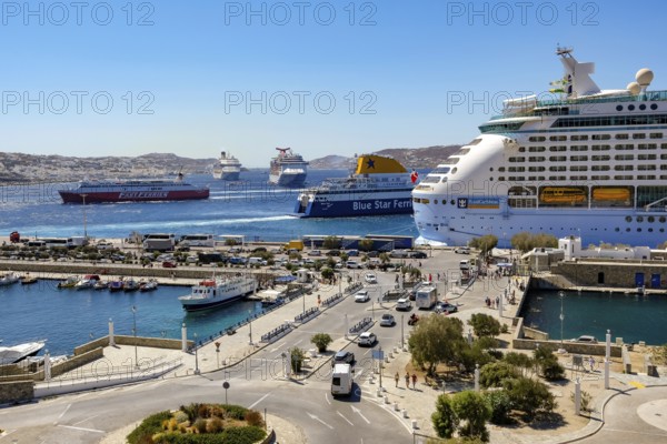 Mykonos, Cyclades, Greece - Mykonos New Port, Blue Star Ferries and Fast Ferries and a cruise ship