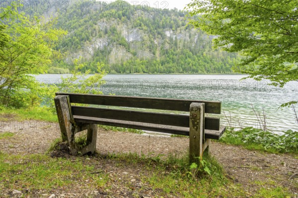 Park bench standing beside beside and with view onto Lake Offensee on a cloudy day in spring,
