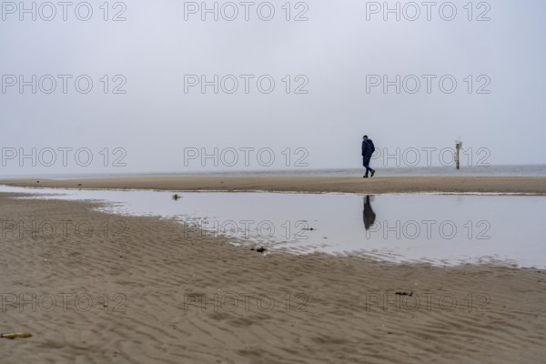 East beach of the East Frisian island of Spiekeroog, beach walk, man alone on the beach, at low
