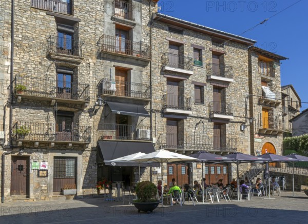 Buildings in main square plaza of historic medieval village of Boltana, Huesca province, Aragon,