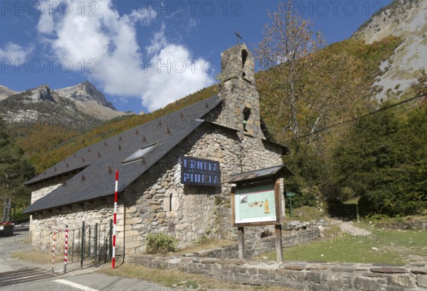 Ermita de Pineta hermitage building, Ordesa y Monte Perdido National Park, Bielsa, Huesca province,