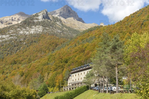 Bielsa Parador hotel, Pyrenees mountains peaks, Ordesa y Monte Perdido, National Park, Bielsa,