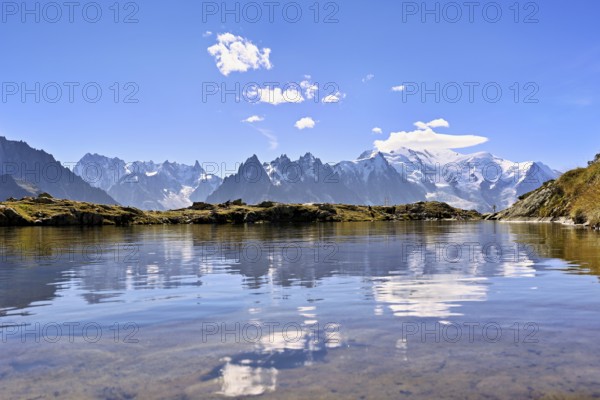 Lac de Chésserys, with the snow-covered Mont Blanc massif in the background, Chamonix-Mont-Blanc,