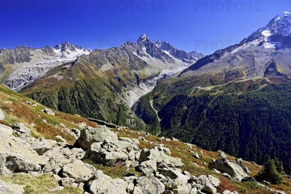 From left front Glacier du Tour back Aiguilles du Tour, right Aiguille du Chardonnet, in front