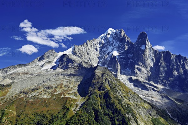 From left, snow-covered Aiguille Verte, Aiguille du Dru, Chamonix-Mont-Blanc, Haute-Savoie, France