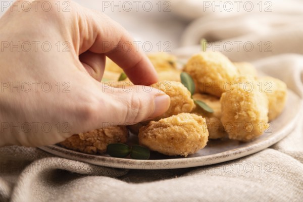 Fried crispy Chicken Nuggets with ketchup, microgreen on brown concrete background and linen