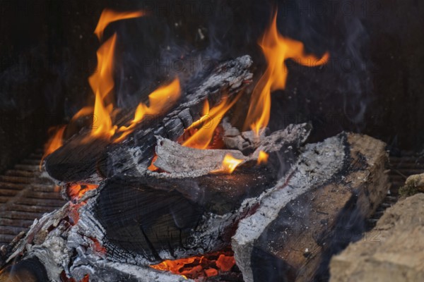 Burning logs with glowing flames and glowing embers in a fireplace, Münsterland, North