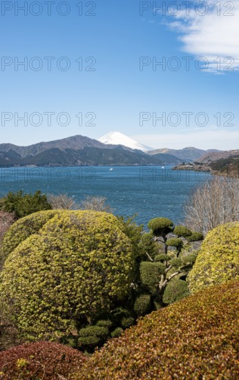 View of Lake Ashi with Mount Fuji volcano, Benten-no-hana Tenbodai viewpoint, Hakone Park, Hakone,
