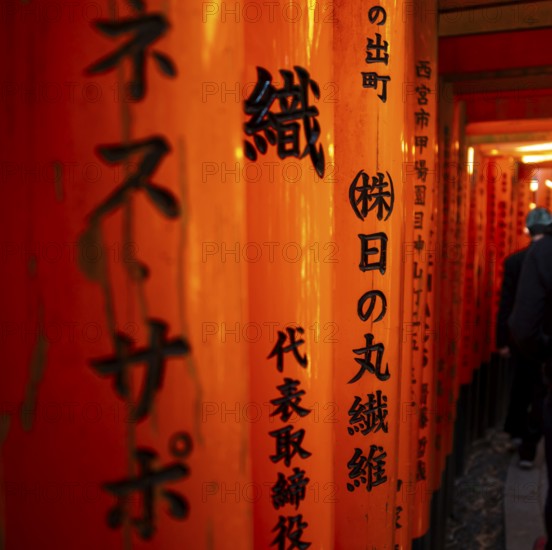 Japanese characters detail, hundreds of red traditional torii gates, Fushimi Inari-taisha, Shinto