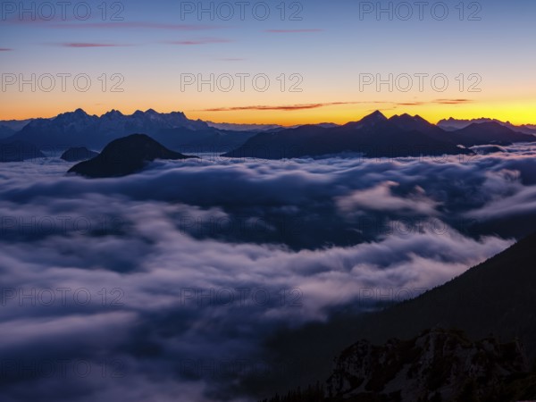 Alpine panorama at dusk, fog in the valley, Hochstaufen, Chiemgau Alps, Upper Bavaria, Bavaria,