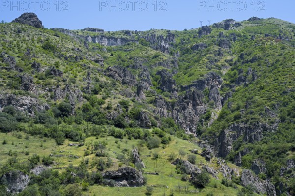 Green landscape with rocky gorge and lush vegetation, landscape near Goris, Hoodoos, Syunik