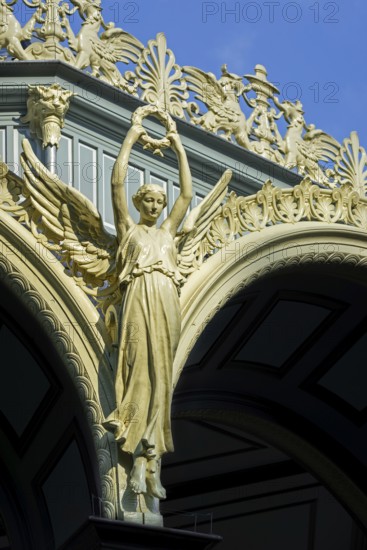 Nike goddess of victory, griffins and palmettes decorating 1885 Kiosk, music pavillion at the