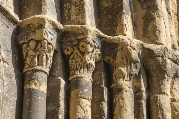 Stonework religious carvings, Iglesia del Salvador church, village of Luesia, Cinco Villas,