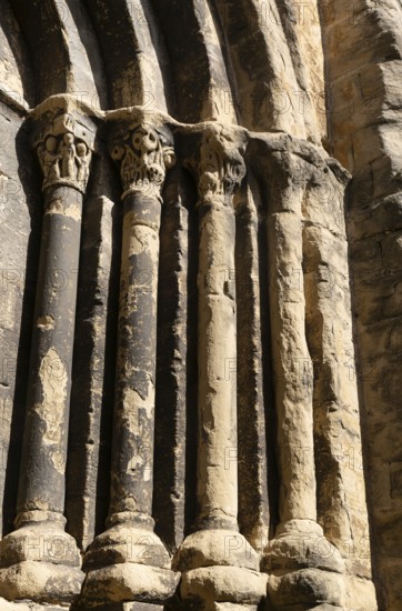 Stonework religious carvings, Iglesia del Salvador church, village of Luesia, Cinco Villas,