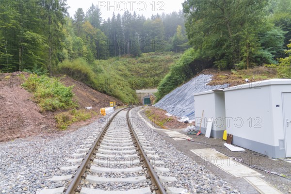 Railroad tracks lead through wooded landscape to a tunnel opening, construction of Hermann, Hesse,