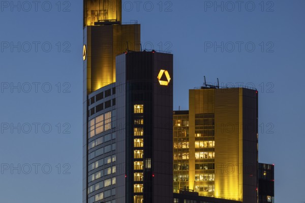 The top of the Commerzbank Tower in Fankfurt am Main glows in the evening, Frankfurt am Main,