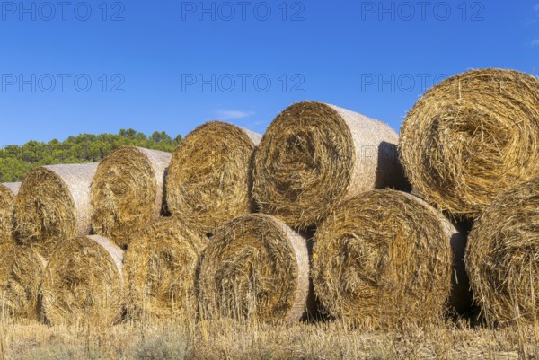 Round rolls straw bales piled in field against blue sky, near Uncastillo, Cinco Villas, Zaragoza