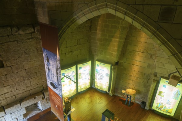Information display inside Castle tower, medieval village of Uncastillo, Cinco Villas, Zaragoza