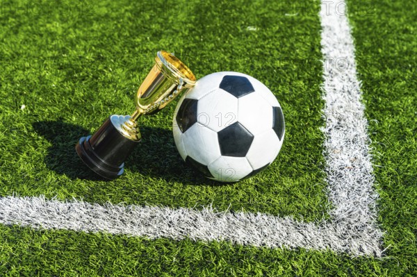 Soccer ball standing beside a gold champion trophy on a vibrant green artificial turf field with