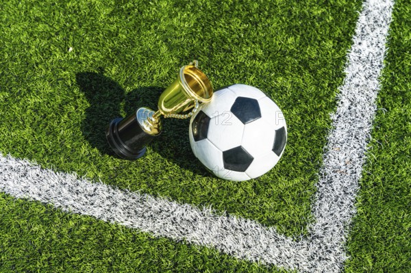 Soccer ball positioned alongside a gleaming gold trophy cup, symbolizing victory and championship