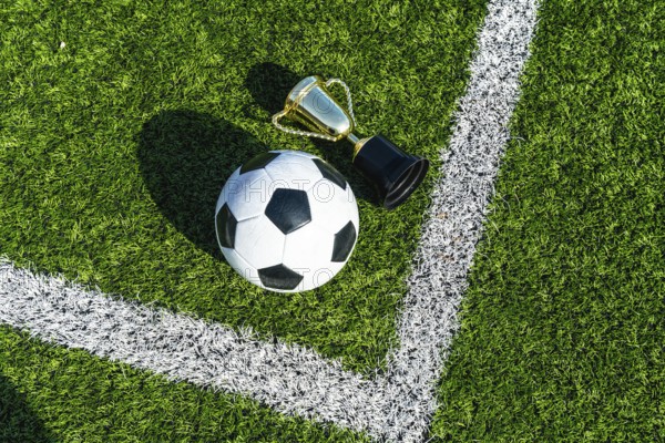 Soccer ball and gold trophy cup on artificial green turf with white line marking, top view flat lay