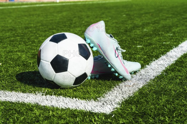 Soccer ball and football cleats are sitting on a green artificial grass pitch, close to the white