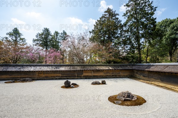 Kare-san-sui Japanese rock garden, Hojo Teien in Ryoan-ji, Zen Buddhist temple complex, in spring,